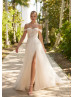 Off Shoulder Beaded Ivory Lace Tulle Slit Flowing Wedding Dress
